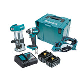 Makita Tools - 3 Piece Brushless Combo Kit - DTD154 DRT50Z DKP180Z* 2 x BL1850B DC18RC & MakPac Case | DLX3098TJ